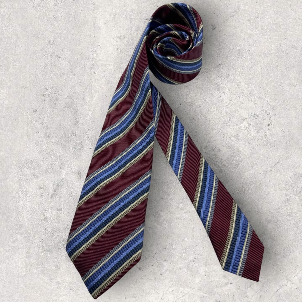 J Z RICHARDS XL Burgundy/Blue Striped Silk LUXURY Tie USA